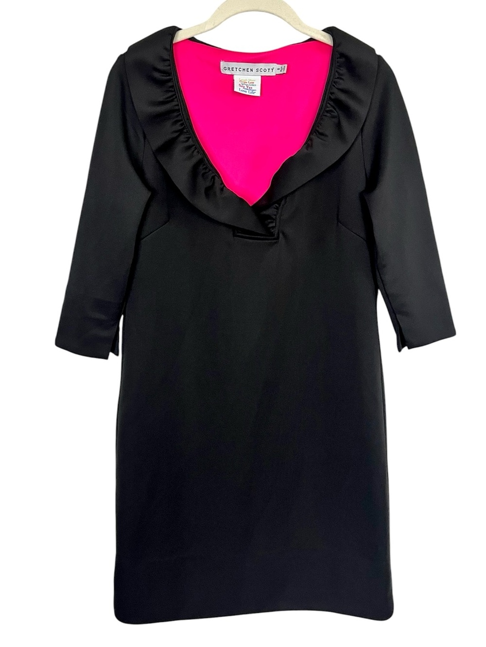 Gretchen Scott Ruffle Neck Black Shift Dress Pink Contrast Small Preppy Office - Picture 2 of 8